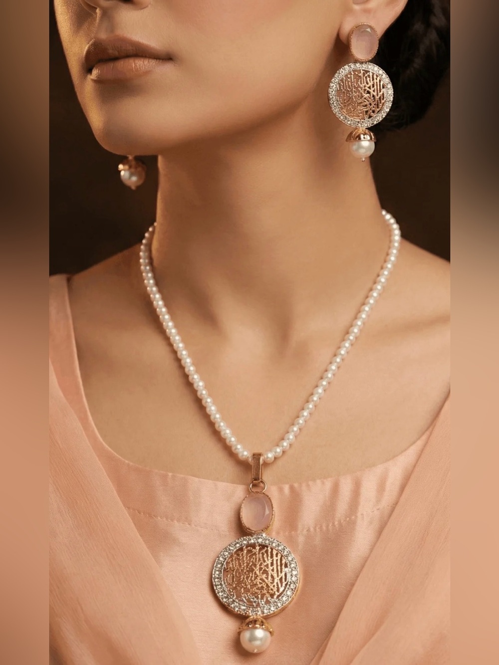 Pearl Strand Arabic Necklace Set Rose Gold Filigree Pendant